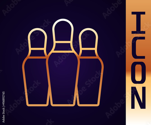 Gold line Bowling pin icon isolated on black background. Vector.