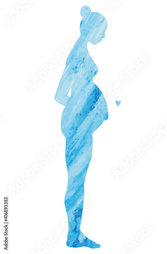 お団子ヘアの妊婦のヌードシルエット・水色・水彩テクスチャ・立ちポーズ
silhouette of a pregnant woman with her hair in a bun, nude, blue water color texture, posing, standing.