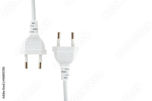 White power cable with plug and socket isolated on white background. Copy space.