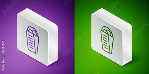 Isometric line Gyros Pita Greek fast food traditional cuisine icon isolated on purple and green background. Gyro with greek salad in tzatziki sauce wrapped sandwich. Silver square button. Vector.