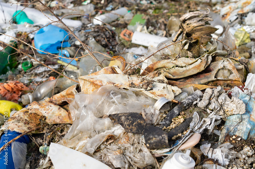 wild garbage dump. residual glass, plastics in the forest