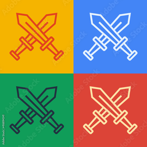 Pop art line Crossed medieval sword icon isolated on color background. Medieval weapon. Vector.