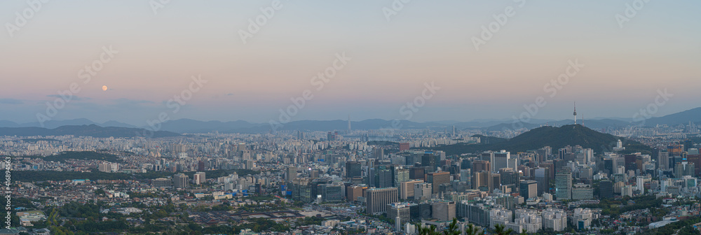 Fototapeta premium Seoul Sunset over the City in South Korea. Show Gyeongbokgung Palace, Namsan Tower at sunset.