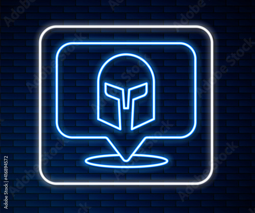 Glowing neon line Greek helmet icon isolated on brick wall background. Antiques helmet for head protection soldiers with a crest of feathers or horsehair. Vector.