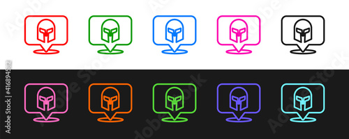 Set line Greek helmet icon isolated on black and white background. Antiques helmet for head protection soldiers with a crest of feathers or horsehair. Vector.
