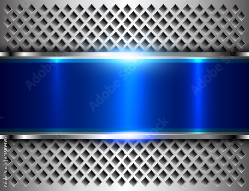 Blue metallic background, polished steel texture over perforated pattern backdop, vector design.