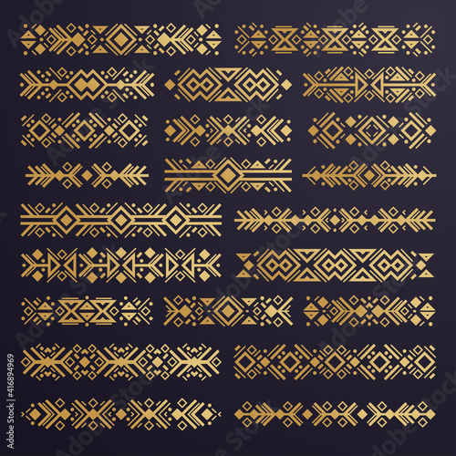 Aztec vector elements. Set of ethnic ornaments. Tribal design, geometric symbols for border, frame, tattoo, logo, cards, decorative works. Navajo motifs, isolated on black background. Vector