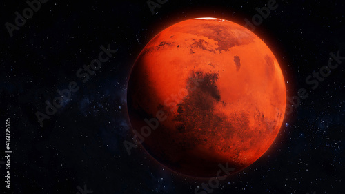 Mars planet 3D render illustration, high detailed surface features, martian red globe scientific background with stars in the background.