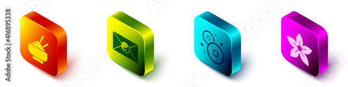 Set Isometric Rice in a bowl with chopstick, Yin Yang and envelope, Chinese Yuan currency and Lotus flower icon. Vector.