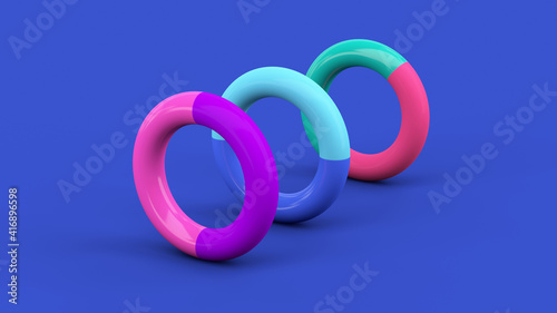 Three colorful circle shapes. Blue background. Abstract illustration, 3d render.