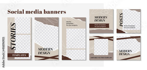 Modern design backgrounds for social media banner in minimalistic style. Set of editable web banner templates. Trendy story mockup for blog or shop. Vector illustration