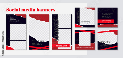 Fashion web banner for social media mobile apps in red and black colors. Stylish social media posts, story and photos. Editable templates with space for text. Vector Illustration