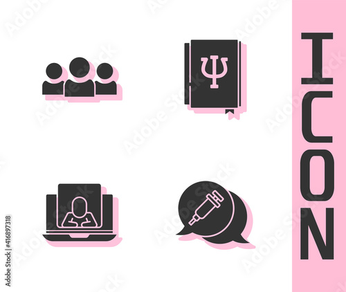 Set Addiction to the drug, Users group, Psychologist online and Psychology book, Psi icon. Vector.