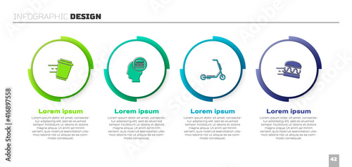 Set Coffee cup to go, Online ordering and delivery, Scooter and burger. Business infographic template. Vector.