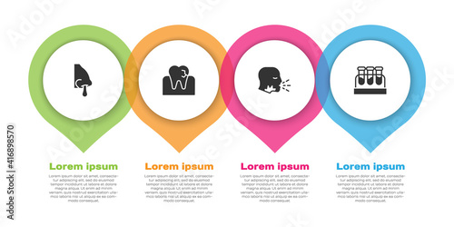 Set Runny nose, Tooth with caries, Man coughing and Test tube blood. Business infographic template. Vector.
