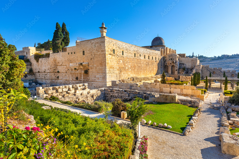 South-western corner of Temple Mount walls with Robinson's Arch, Al-Aqsa Mosque and Western Wall excavation in Jerusalem Old City in Israel