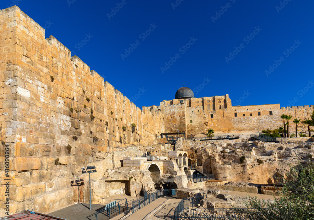 Temple Mount south wall with Al-Aqsa Mosque and archeological excavation site in Jerusalem Old City in Israel