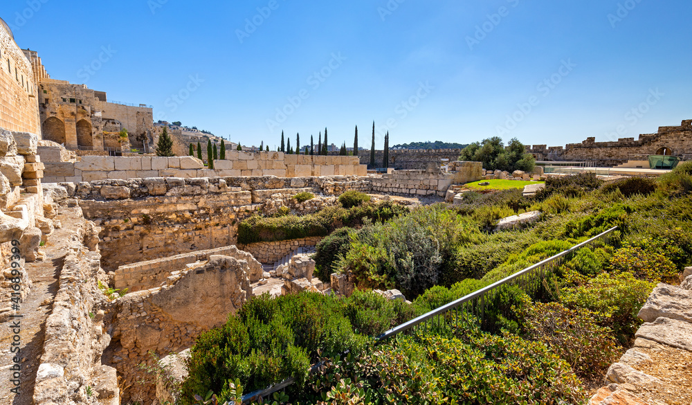 Temple Mount south wall with Al-Aqsa Mosque and archeological excavation site in Jerusalem Old City in Israel