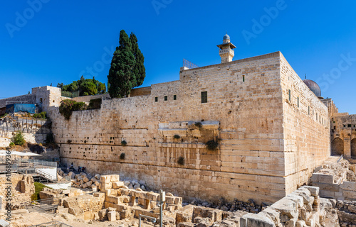 South-western corner of Temple Mount walls with Robinson's Arch, Al-Aqsa Mosque and Western Wall excavation in Jerusalem Old City in Israel photo