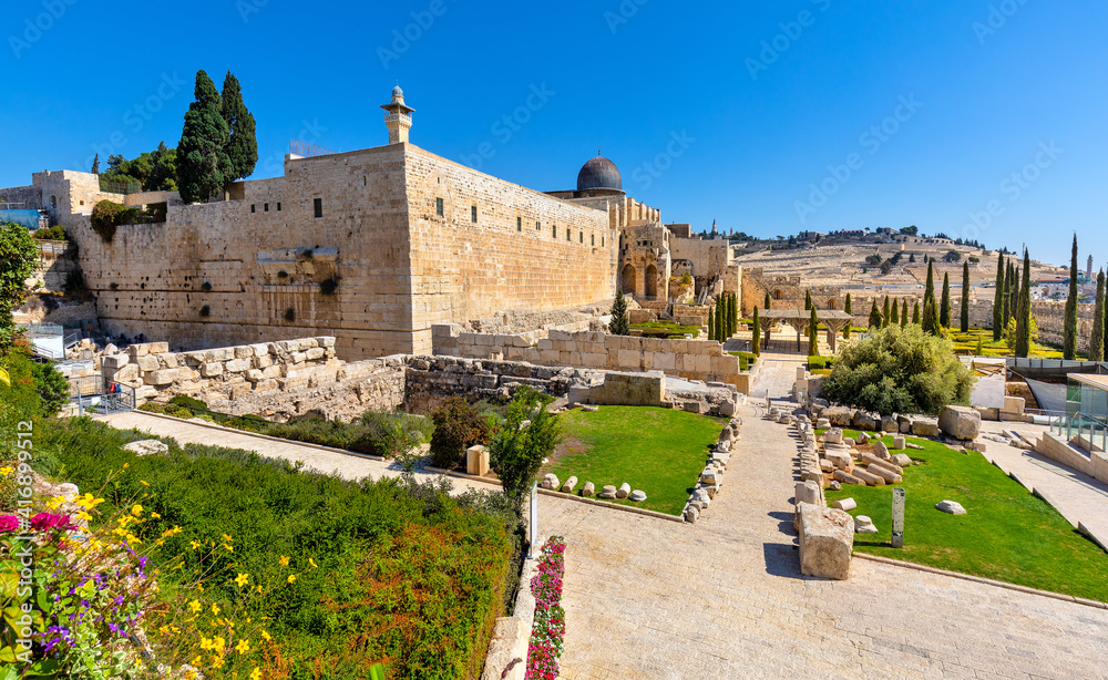 South-western corner of Temple Mount walls with Robinson's Arch, Al-Aqsa Mosque and Western Wall excavation in Jerusalem Old City in Israel