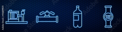 Set line Bottle of water, Electric water pump, Industry pipe and valve and Water meter. Glowing neon icon on brick wall. Vector.