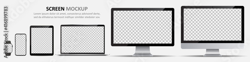 Screen mockup. Computer monitors, laptop, tablet, smartphone and smartwatch with blank screen for design