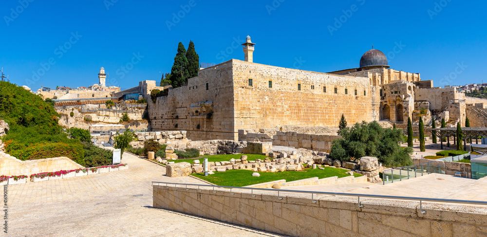 South-western corner of Temple Mount walls with Robinson's Arch, Al-Aqsa Mosque and Western Wall excavation in Jerusalem Old City in Israel