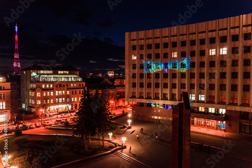 Night lights of the city of Ivano-Frankivsk, view of the city from above, aerial view, night shooting of the city.