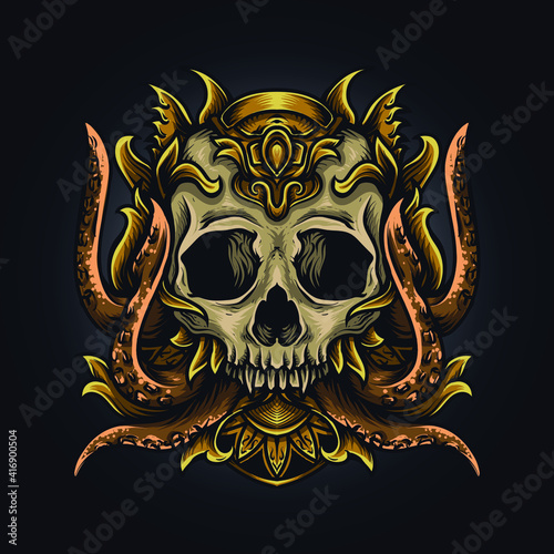 artwork illustration and t-shirt design skull octopus engraving ornament 
