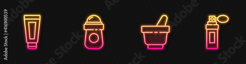 Set line Mortar and pestle, Cream lotion cosmetic tube, Antiperspirant deodorant roll and Perfume. Glowing neon icon. Vector.