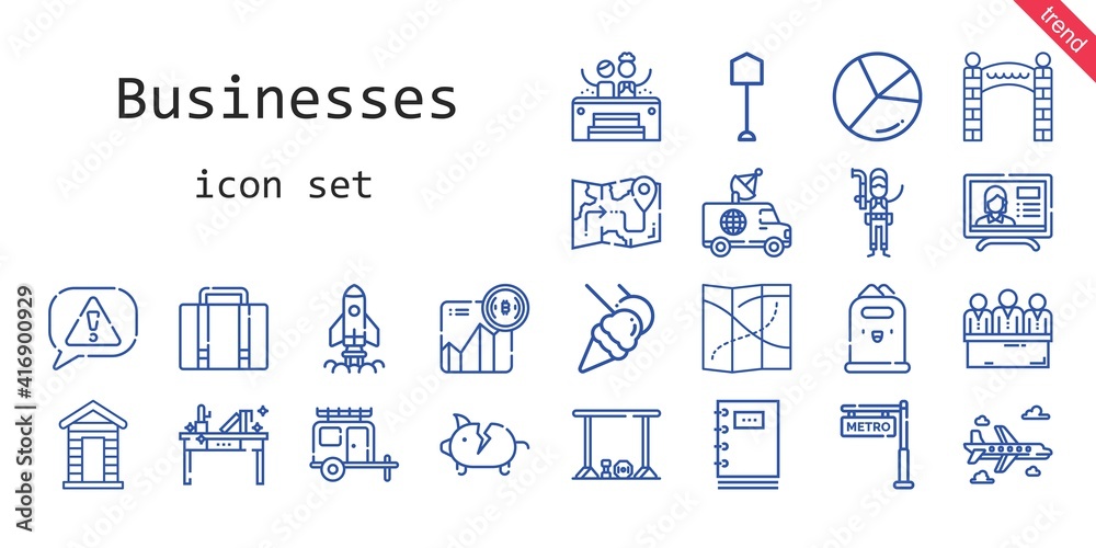 businesses icon set. line icon style. businesses related icons such as van, jacuzzi, piggy bank, shovel, news report, cabin, candidates, bar, plumber, luggage, food and restaurant, startup