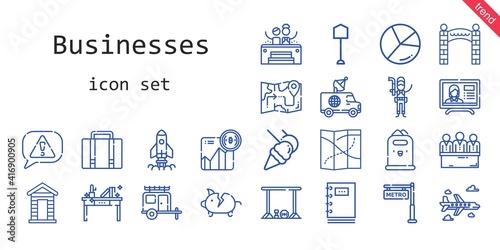 businesses icon set. line icon style. businesses related icons such as van, jacuzzi, piggy bank, shovel, news report, cabin, candidates, bar, plumber, luggage, food and restaurant, startup