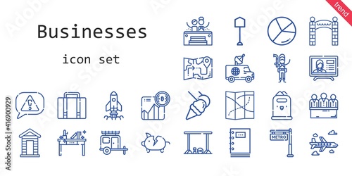 businesses icon set. line icon style. businesses related icons such as van  jacuzzi  piggy bank  shovel  news report  cabin  candidates  bar  plumber  luggage  food and restaurant  startup