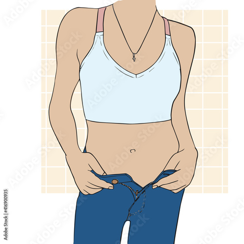 Silhouette of a perfect female body. Sports figure. Close-up of torso, arms, chest, waist and hips. Short tank top and unbuttoned jeans. Motivation for proper lifestyle. Vector flat illustration