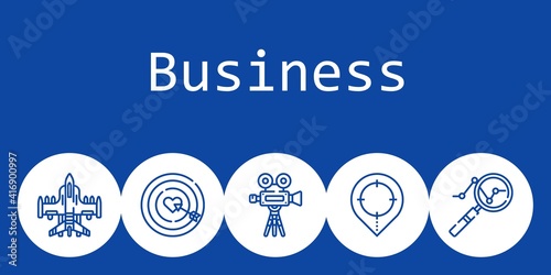 business background concept with business icons. Icons related analytics, airplane, video camera, placeholder, dart board
