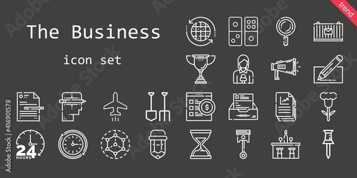 the business icon set. line icon style. the business related icons such as plane, megaphone, modeling, edit, news reporter, shovel, wall clock, pencil, creative, flower
