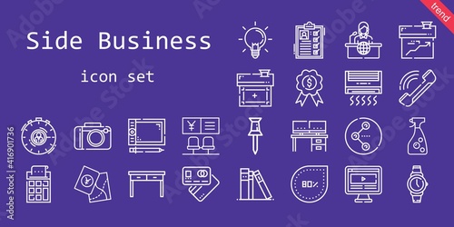 side business icon set. line icon style. side business related icons such as calculator, news report, ideas, list, house, debit card, computer, bank, library, graphic tablet, pin