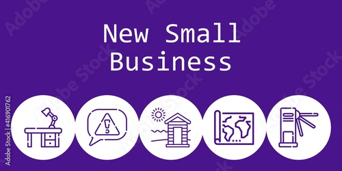 new small business background concept with new small business icons. Icons related desk, cabin, risk, map, turnstiles