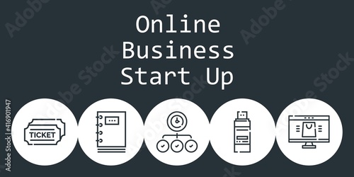 online business start up background concept with online business start up icons. Icons related online shop, tickets, task, pendrive, notebook