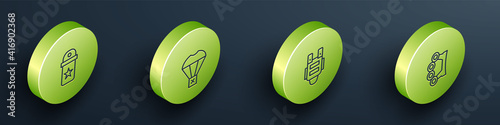 Set Isometric line Chevron, Box flying parachute, Bulletproof vest and Brass knuckles icon. Vector.