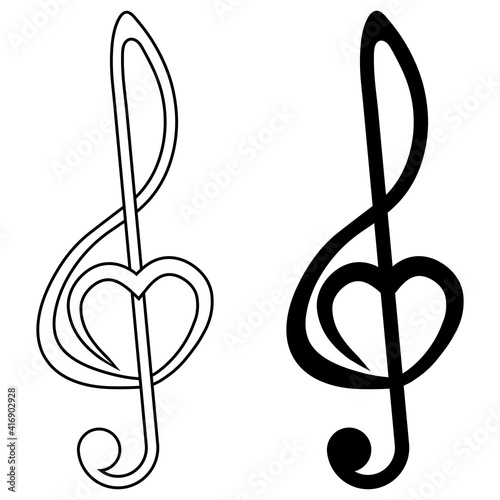 Musical sign treble clef with heart, vector sign of love for music, symbol music fan audiophile