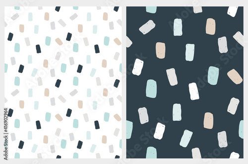 Abstract Geometric Irregular Vector Patterns with Squares. Cute Gray, Beige, Blue and Turquoise Brush Spots on a White and Dark Blue Background. Simple Hand Drawn Doodle Print. 
