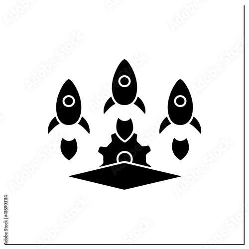 Startup studio glyph icon. Launch and build several companies in succession. Three successful businesses. Startup foundry concept. Filled flat sign. Isolated silhouette vector illustration