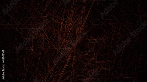 Abstract orange geometrical lines. 3D Illustration with dark Background. Minimal wallpaper with irregular lines