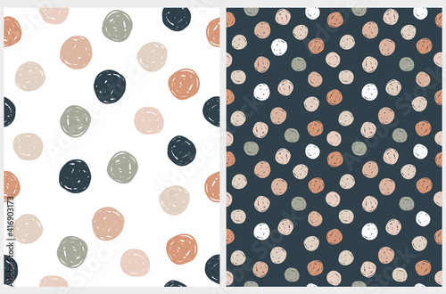 Abstract Geometric Irregular Vector Patterns with Polka Dots. Cute Childish Endless Texture. Blue and Brown Brush Dots on a White and Dark Blue Background. Simple Hand Drawn Dotted Print. 