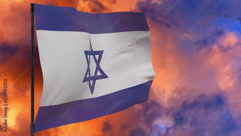 Israel flag on pole with sky background seamless loop 3d animation Israel flag on pole with sky background seamless loop 3d animation
