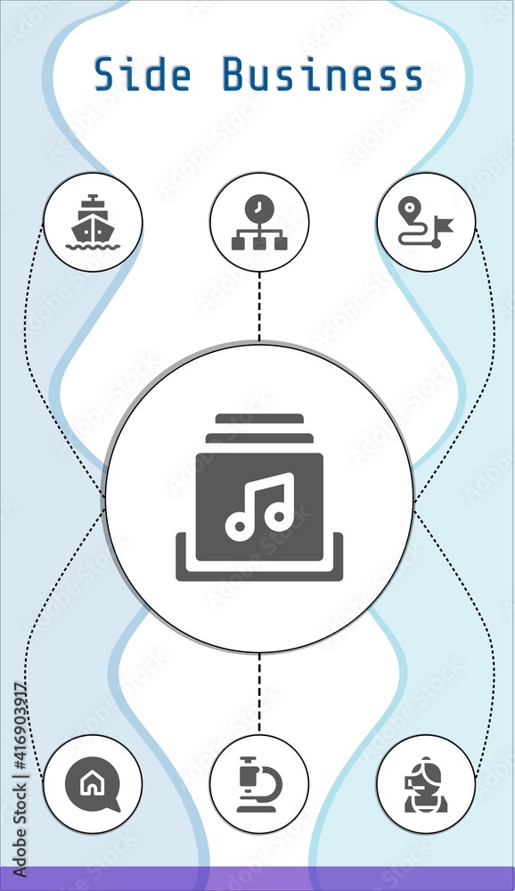 side business editable infographic template with icons of Microscope, Call center, Music album, Time, Shipping, Direction, Advertising side business editable infographic template with icons of Microscope, Call center, Music album, Time, Shipping, Direction, Advertising