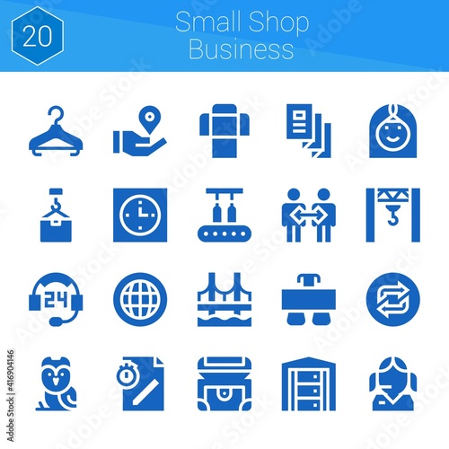small shop business icon set. 20 filled icons on theme small shop business. collection of Loop, Chest, Support, Server, Owl, Trifold, Crane, Clock, Conveyor, Location pin, Sofa