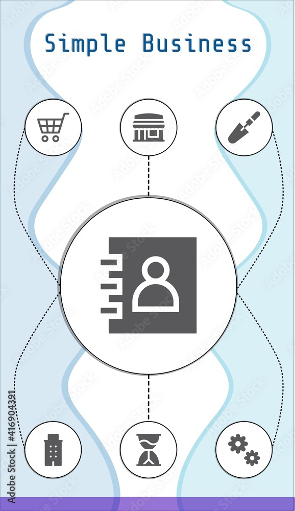 simple business editable infographic template with icons of Building, Restaurant, Cogwheel, Shopping cart, Scraper, Hourglass, Agenda simple business editable infographic template with icons of Building, Restaurant, Cogwheel, Shopping cart, Scraper, Hourglass, Agenda