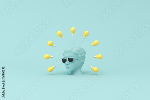 Minimal scene of sunglasses and headphone on human head sculpture with light bulbs, 3d rendering.